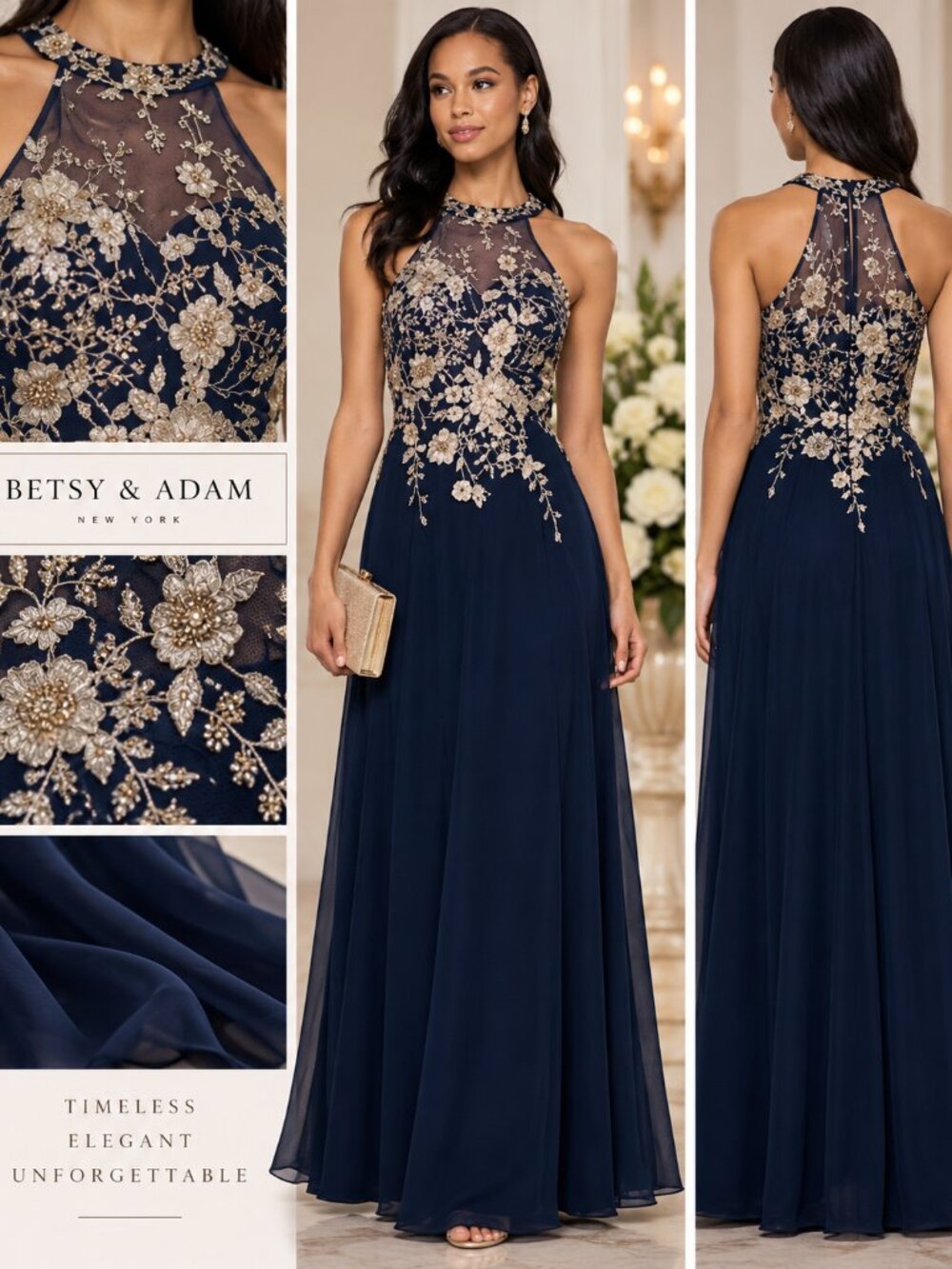 Betsy & Adam Navy Gold Floral Illusion Formal Gown 12P Petite NWT